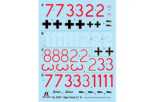 A decal sheet for an Italeri 1/35 scale Tiger I tank model, featuring various red, white, and black numbers, crosses, and unit insignia.