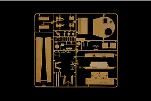 A tan plastic sprue containing various unpainted model tank parts for an Italeri 1/35 scale Tiger I tank kit.