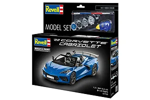 Revell 1/25 scale 2022 Corvette C8 Cabriolet model kit box showing a blue convertible car model, paint pots, and a brush.