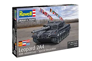 Revell 1/35 scale Leopard 2A4 40th Anniversary model kit box featuring a dark grey tank with international flags.