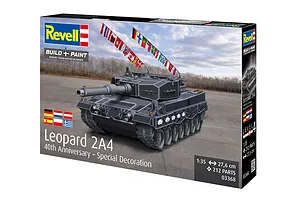 Revell 1/35 scale Leopard 2A4 40th Anniversary Special Decoration plastic model kit box art showing a tank with flags.