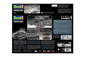 The back of a Revell Leopard 2A4 40th Anniversary model kit box, showing assembly details, product information, and multi-language descriptions.