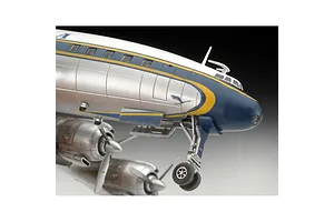 Close-up of a 1/144 scale Revell Lockheed L-1049G Super Constellation model aircraft showing the nose, cockpit, and landing gear.