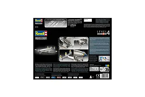 Back of the Revell 1/144 Lockheed L-1049G Super Constellation model kit box, showing assembly photos, product details, and paint color requirements.