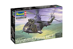 Revell 1/144 scale Westland Puma HC.1 plastic model helicopter kit box, showing an illustration of the helicopter in flight over a landscape.