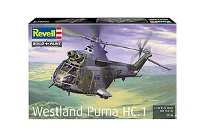 Revell 1/144 scale Westland Puma HC.1 plastic model helicopter kit box art featuring a painted illustration of the aircraft in flight over a landscape.
