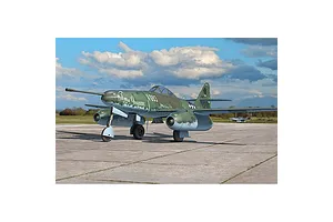 A scale model of a Messerschmitt Me 262 jet fighter with Wilma Jeanne markings on an airfield.