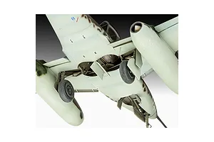 Underside view of a 1/32 scale Messerschmitt Me262 model aircraft showing landing gear, engine nacelles, and camouflage paint scheme.