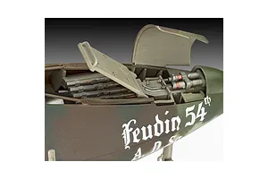 Close-up of a 1/32 scale Messerschmitt Me262 model aircraft showing the open nose gun bay with detailed cannon and ammunition feed mechanisms.