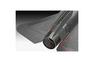 Close-up of the rear section and engine exhaust nozzle of a black Lockheed SR-71 model aircraft kit.