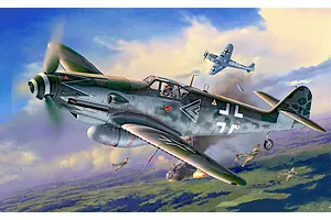 Box art illustration for Revell 1/32 Messerschmitt Bf109G-10 model kit showing the fighter plane in flight during an aerial combat scene.