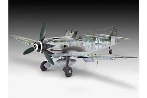 A fully assembled and painted 1/32 scale model of a Messerschmitt Bf109G-10 fighter plane, featuring a camouflage paint scheme and German markings.