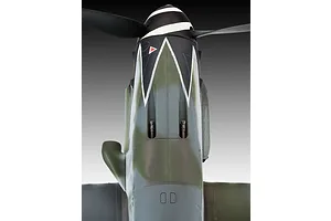 Top-down view of a Messerschmitt Bf109G-10 model aircraft nose, showing the propeller, engine cowling, and camouflage paint scheme.