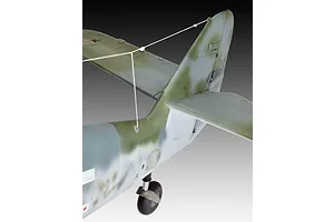 Close-up of the tail section of a 1/32 scale Messerschmitt Bf109G-10 model aircraft showing the camouflage paint scheme and antenna wire.