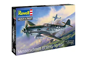 Revell 1/32 scale Messerschmitt Bf109G-10 Erla plastic model aircraft kit box art showing a German fighter plane in flight.