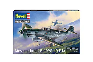 Revell 1/32 scale Messerschmitt Bf109G-10 Erla plastic model kit box art showing a fighter plane in flight.