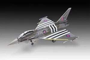 A completed 1/48 scale Revell Eurofighter Typhoon model aircraft with D-Day invasion stripes and RAF markings on a gradient background.
