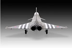 Rear view of a 1/48 scale Revell Eurofighter Typhoon model kit featuring D-Day invasion stripes on the wings and fuselage.