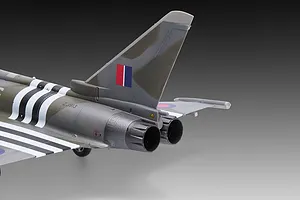 Close-up of the rear section of a 1/48 scale Eurofighter Typhoon plastic model aircraft featuring D-Day invasion stripes and RAF markings.
