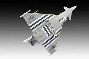 Underside view of a completed 1/48 scale Revell Eurofighter Typhoon plastic model kit featuring D-Day invasion stripes on the wings.