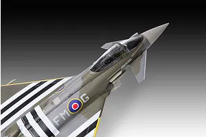 A high-angle close-up of a finished 1/48 scale Revell Eurofighter Typhoon model, featuring RAF markings and invasion stripes on a grey background.