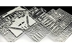 Several grey plastic model kit sprues containing parts for a 1/48 scale Eurofighter Typhoon jet fighter, laid out on a black background.