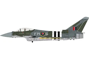 A side-profile digital illustration of a Eurofighter Typhoon FGR.4 jet fighter in RAF camouflage livery with invasion stripes.