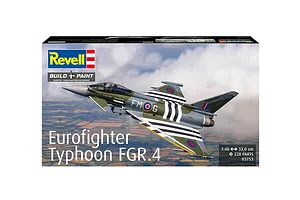 Revell 1/48 scale Eurofighter Typhoon FGR.4 plastic model kit box art showing a camouflaged jet fighter in flight over a landscape.