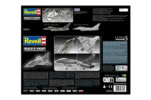 Back of Revell 1/48 Eurofighter Typhoon FGR.4 model kit box showing assembly details, painting schemes, and product information.