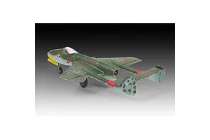 A completed 1/72 scale plastic model of a Focke-Wulf Fw P.II Flitzer jet fighter, painted in a green and light blue camouflage scheme.