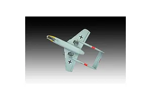 A top-down view of a completed 1/72 scale Focke-Wulf Flitzer model aircraft, painted in light grey with yellow nose and red tail markings.