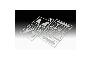 Two grey plastic model kit sprues containing aircraft parts for a Focke Wulf Flitzer model, displayed against a black and white gradient background.