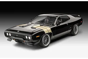 A 1/24 scale plastic model of a black 1971 Plymouth GTX from Fast &amp; Furious, featuring gold hood stripes and custom wheels.