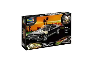 Revell 1/24 scale model kit box for Dominic's 1971 Plymouth GTX from Fast &amp; Furious, featuring a black muscle car on a sunset background.