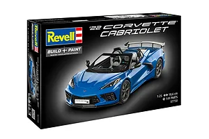 Revell 1/25 scale '22 Corvette Cabriolet plastic model kit box showing a finished blue convertible model car on a black background.