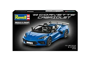 Product packaging for a Revell 1/25 scale '22 Corvette Cabriolet model kit, featuring a blue convertible sports car on a black background.