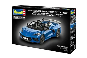 Revell 1/25 scale '22 Corvette Cabriolet plastic model kit box showing a blue convertible sports car model.
