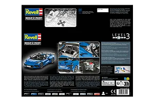 The back of a Revell 1/25 Corvette C8 Cabriolet model kit box, showing product features, assembly level, and paint recommendations.