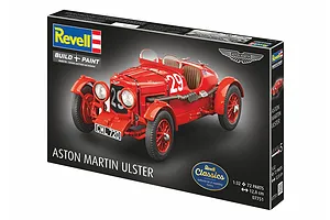 Revell 1/32 scale Aston Martin Ulster plastic model kit box showing a finished red vintage race car model.