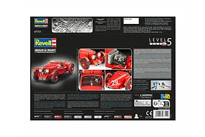 Rear view of the Revell 1/32 Aston Martin Ulster model kit packaging showing product details, assembly level 5, and historical information.