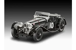 A studio shot of a completed black Revell 1/32 scale Jaguar SS 100 model car with the number 10 on the side and a DYL 469 license plate.