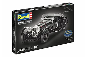 Revell 1/32 scale Jaguar SS 100 plastic model kit box featuring a black vintage sports car with the number 10 on the side.