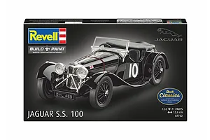 Revell 1/32 scale Jaguar SS 100 plastic model kit box featuring a black vintage sports car with the number 10 on the side.