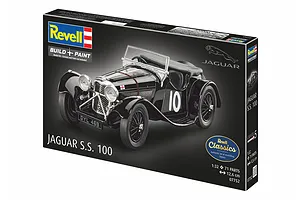 Revell 1/32 scale Jaguar SS 100 plastic model kit box showing a finished black vintage sports car model.