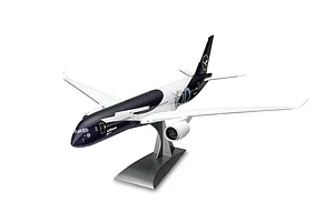 A completed Revell 1/144 scale Lufthansa A350-900 model aircraft mounted on a black display stand against a white background.