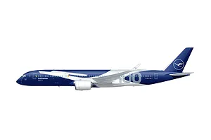 A side-profile digital illustration of a Lufthansa Airbus A350-900 aircraft featuring a special 100-year anniversary livery.