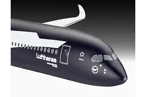 Close-up of the nose and cockpit section of a Revell 1/144 scale Airbus A350-900 model aircraft in Lufthansa livery.