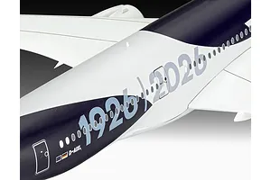 Close-up of the fuselage of a Revell 1/144 scale Lufthansa A350-900 model aircraft featuring 100 years anniversary decals.