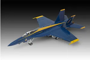 A completed 1/72 scale plastic model of a Blue Angels F/A-18 Super Hornet jet, painted in signature blue and yellow livery.