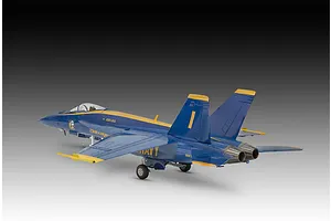 A completed 1/72 scale plastic model of a US Navy Blue Angels F/A-18 Super Hornet jet, viewed from the rear three-quarter angle.